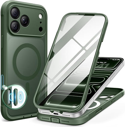 BERFY for iPhone 17 Pro Max Case, Compatible with MagSafe, Built-in Glass Screen Protector, Camera Protection, Shockproof Full Body Phone case 6.9", Translucent Deep Green