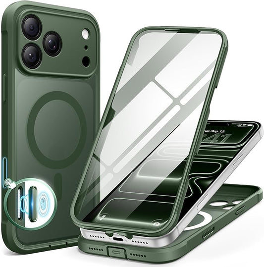 BERFY for iPhone 17 Pro Max Case, Compatible with MagSafe, Built-in Glass Screen Protector, Camera Protection, Shockproof Full Body Phone case 6.9", Translucent Deep Green