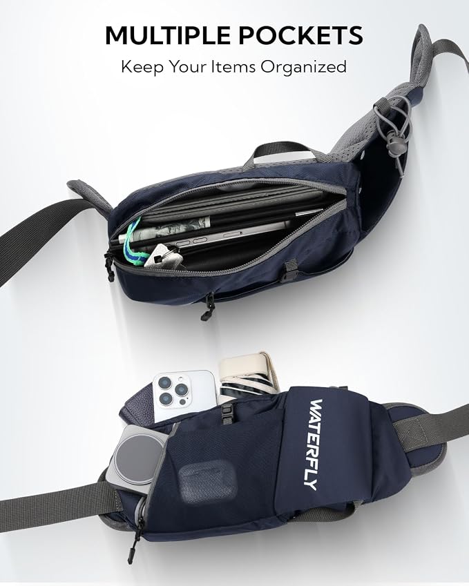 WATERFLY Fanny Pack Waist Bag: Hiking Water Bottle Holder with Strap Waist Pack for Women Men Hydration Hip Packs for Running Walking Traveling-Navy Blue