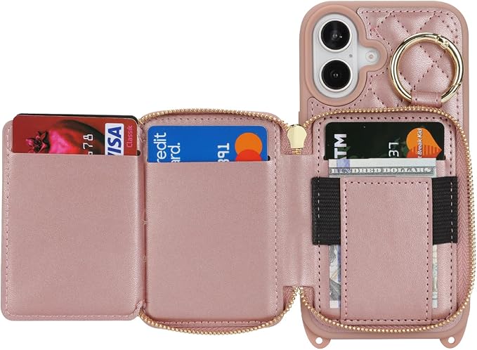 Crossbody Wallet Case for iPhone 17, PU Leather Zipper Handbag Purse Flip Cover, Kickstand Folio Case with Card Slots Holder Wrist Strap Lanyard 5G 6.3 Inch-Rose Gold