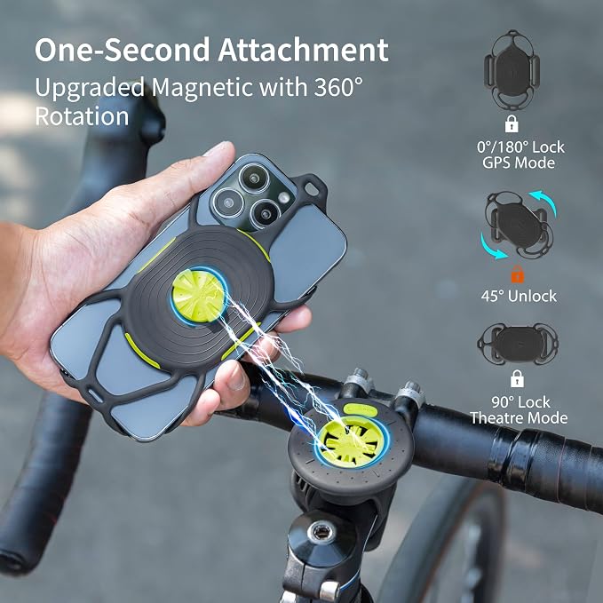 Bone Bike Tie Connect Kit 2 Magnetic, Magnetic Bike Phone Mount for Stem, Detachable & 360° Rotatable Silicone Phone Holder Compatible with Most Smartphones (Stem - Quick Release Kit)