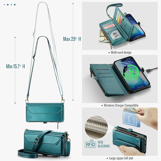 Strapurs Wallet Case Compatible with iPhone 17 6.3" RFID Blocking 9-Card Holder Soft PU Leather Magnetic Snap Shoulder Strap Zipper Pocket Phone Case Fit for iPhone 17 for Women - Blue Green