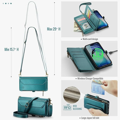 Strapurs Wallet Case Compatible with iPhone 17 6.3" RFID Blocking 9-Card Holder Soft PU Leather Magnetic Snap Shoulder Strap Zipper Pocket Phone Case Fit for iPhone 17 for Women - Blue Green