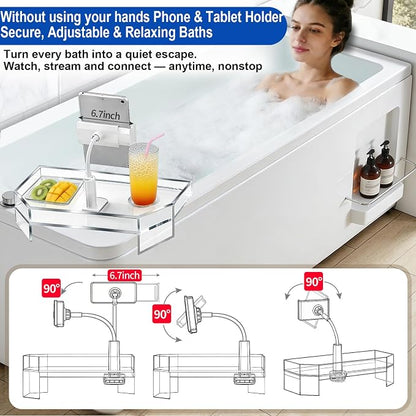 Clear Acrylic Bath Tub Tray Hot Tub Tray with Adjustable Phone&Tablet Holder, Modern Bath Table Tray for Bathtub,Spa Bath Caddy that Can Be Used as a Hot Tub Side Table,Fits Freestanding Square Tubs