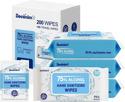 Advanced Large 75% Alcohol Hand Sanitizing Wipes, 4 Packs of 50 (200 count +20 travel wipes) - (Each Wipe Size 6" x 8")