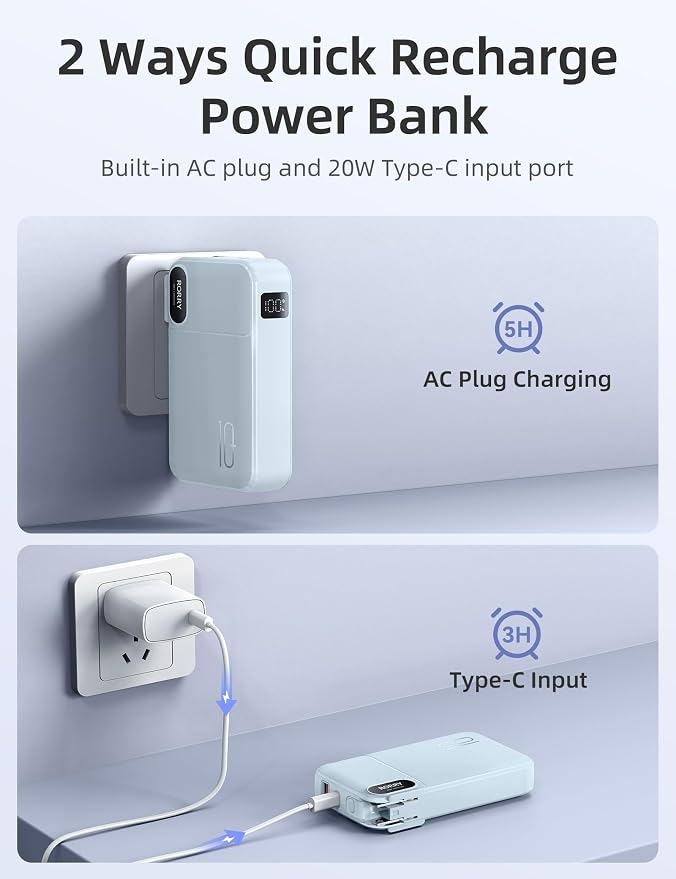 RORRY Portable Charger w/Wall Plug 10000mAh Power Bank 22.5W Battery Pack | Built in Cables, Fast Charging, for iPhone, iPad, Samsung Galaxy, Pixel, LG, Travel Essential, Digital Display, Pocket Size