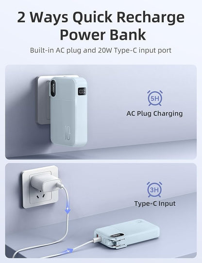 RORRY Portable Charger w/Wall Plug 10000mAh Power Bank 22.5W Battery Pack | Built in Cables, Fast Charging, for iPhone, iPad, Samsung Galaxy, Pixel, LG, Travel Essential, Digital Display, Pocket Size