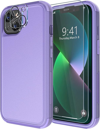 Diverbox for iPhone 13 Case [Shockproof] [Dropproof] [Tempered Glass Screen Protector + Camera Lens Protector],Heavy Duty Protection Phone Case Cover for Apple iPhone 13 (Purple)
