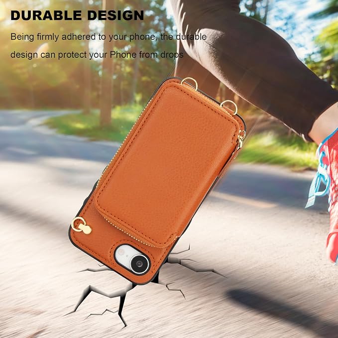 Bocasal Crossbody Wallet Case for iPhone 17e/16e, RFID Blocking Leather Purse Case with Card Holder, Protective Handbag Flip Cover with Zipper Wrist Strap Lanyard for Women 5G 6.1 Inch (Brown)