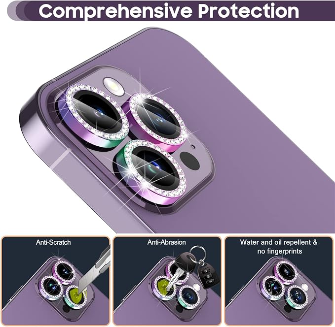 Suoman for iPhone 14 Pro Max / 14 Pro Camera Lens Protector, [Diamonds Bling] 9H Tempered Glass, Full Coverage Metal Protective Cover - Diamond Colorful