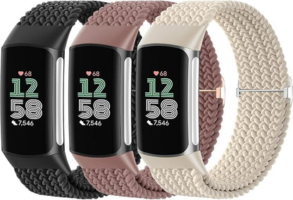 Braided Solo Loop Bands Compatible with Fitbit Charge 6/Charge 5, 3 Pack Adjustable Stretchy Wristbands Soft Woven Nylon Replacement for Fitbit Charge 5/Charge 6 Tracker Smart Watch for Women Men