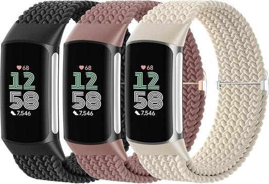 Braided Solo Loop Bands Compatible with Fitbit Charge 6/Charge 5, 3 Pack Adjustable Stretchy Wristbands Soft Woven Nylon Replacement for Fitbit Charge 5/Charge 6 Tracker Smart Watch for Women Men
