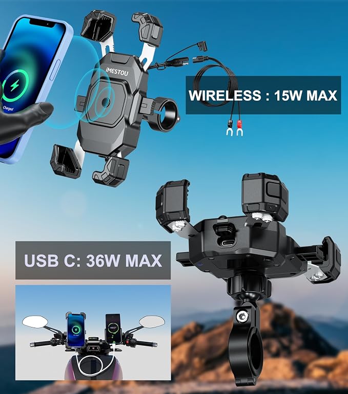 iMESTOU Motorcycle Wireless USB C Charger Phone Mount with Detachable SAE-O Ring Wire, Fits for 5.5"-7.2" Phones with Thickness Up to 15mm, Width ＜93mm, Works with 12-24V Motorcycles