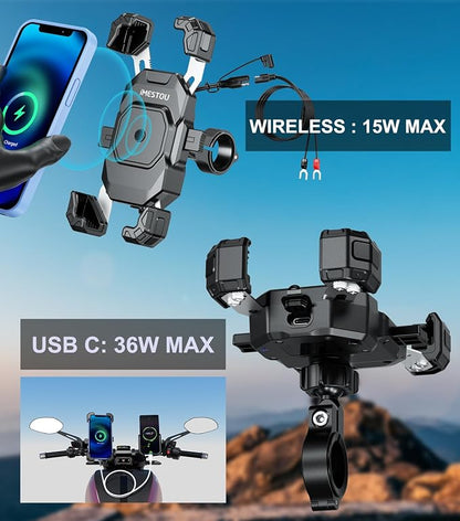 iMESTOU Motorcycle Wireless USB C Charger Phone Mount with Detachable SAE-O Ring Wire, Fits for 5.5"-7.2" Phones with Thickness Up to 15mm, Width ＜93mm, Works with 12-24V Motorcycles