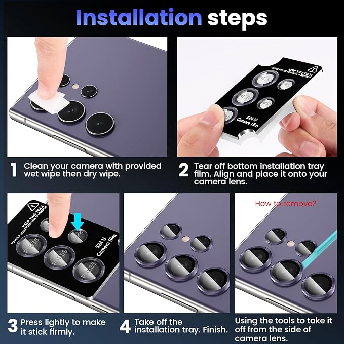 Tensea (3+2PCS for Samsung Galaxy S24 Ultra 5G Camera Lens Protector, 9H Tempered Glass Camera Cover Screen Protector Metal Individual Ring for S24 Ultra 5G 2024 [Installation Tray][Case Friendly]