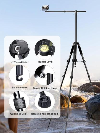 elitehood Phone Tripod for Overhead Video Recording – Updated Horizontal 59-inch Adjustable Tripod for iPhone with 25in Long Extendable Arm, 360° Rotation iPhone Stand Holder for Overhead Recording