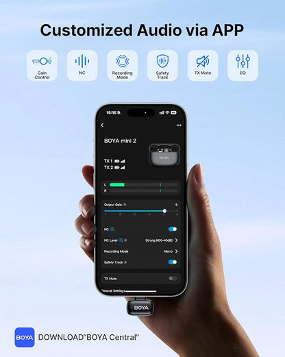 BOYA mini 2 Wireless Microphone for iPhone with MFi Certified, AI Noise Cancellation, App Control, 48k Hz/24 Bit, 30H Battery Life with Charging Case,Lapel Microphone Wireless for Video Recording Vlog