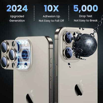 Uyiton Compatible with iPhone 16 Pro/iPhone 16 Pro Max Camera Lens Protector - [Not Easy to Break][Strong Adsorption][Case-Friendly] Metal Tempered Glass Rear Camera Screen Cover - Natural Titanium