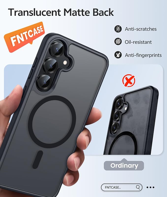FNTCASE for Samsung Galaxy S25/S24 Plus Case, Fit Magsafe, Screen Protector | Translucent Matte Magnetic Back, 14FT Military Grade Drop Protection, Shockproof Protective Phone Cover, Black