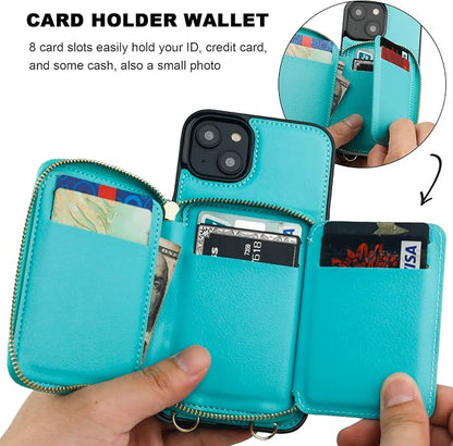 Bocasal RFID Blocking Wallet Case for iPhone 14 Plus, Adjustable Crossbody Zipper Purse Case Card Holder with Kickstand Detachable Wrist Strap, PU Leather Flip Folio Case 6.7 Inch 5G (Mint Green)