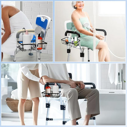 2-In-1hanging shower chair caddy : Holder Organizer Rustproof Shower Chair Accessories for tub bath room with arms chair storage basket shelf fit Seniors Elderly Disabled Patient Pregnant (Black)