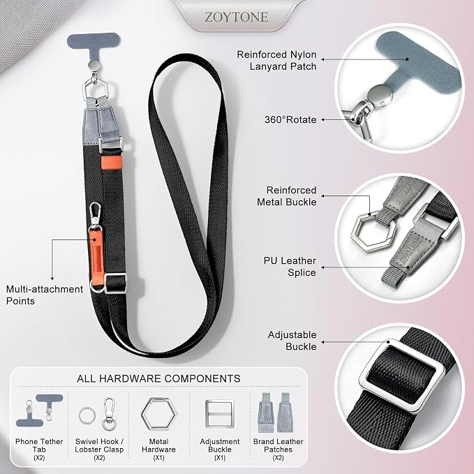 Phone Lanyard Crossbody with 2 Phone Tabs, Adjustable Anti Theft Phone Strap for iPhone & Android, Universal Skin-Friendly Cell Phone Neck Lanyard for Travel Hiking Cycling Shopping (Black)