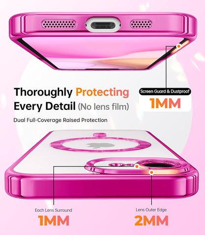 Meifgino Magnetic Case with Removable Phone Ring Stand for iPhone 16E 6.1’’, [Glitter Card & Wrist Strap] [MagSafe Compatible] [Built in Mirror] Phone Ring Stand + Phone Case Kit, Hot Pink