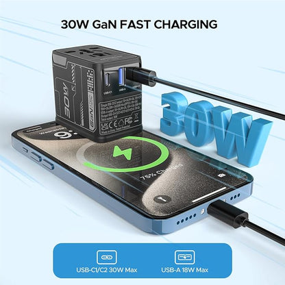 Universal Travel Adapter 30W, 4-Port Power Adapter with 2 USB-C, 1 USB-A | All-in-One Plug Adpater, Works in 200+ Countries, Not a Voltage Converter, Travel Essentials.