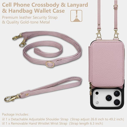 Keallce Case for iPhone 17 Pro 6.3'' Case Wallet, Crossbody Zipper Purse with RFID Blocking Card Slots Kickstand, Lanyard & Handstrap Flip Folio Leather Phone Cover for iPhone 17 Pro, Pink