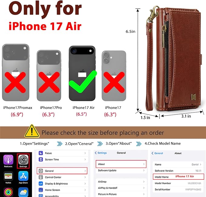 Wallet Case for iPhone Air with Card Holder/Crossbody Wallet/Strap,[RFID Blocking][Magnetic] PU Leather Phone Case for iPhone Air,6.5 in,Brown