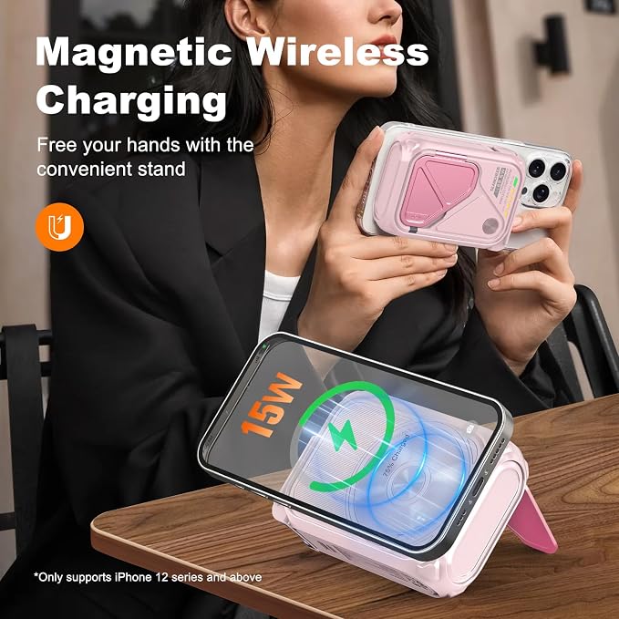 SEANCHEER P05 Portable Charger, Magnetic Power Bank, Small PowerBank, Battery Pack10000mAh Travel Essentials Fast Charging with Built in Cable, Foldable Wall Plug for iPhone,Samsung,Andriod (Pink)