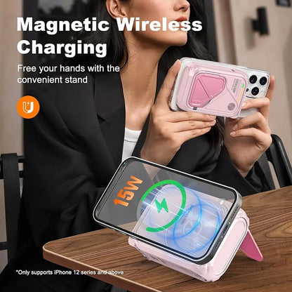 SEANCHEER P05 Portable Charger, Magnetic Power Bank, Small PowerBank, Battery Pack10000mAh Travel Essentials Fast Charging with Built in Cable, Foldable Wall Plug for iPhone,Samsung,Andriod (Pink)