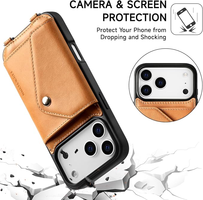 LUCKYCOIN for iPhone 17 Pro Max Crossbody Wallet Case – Genuine Leather Phone Purse with Adjustable Strap and Card Holder,Lanyard Phone Purse Case for Women,Vintage Tan