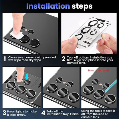 Tensea (3+2PCS for Samsung Galaxy S24 Ultra 5G Camera Lens Protector, 9H Tempered Glass Camera Cover Screen Protector Metal Individual Ring for S24 Ultra 5G 2024 [Installation Tray][Case Friendly]