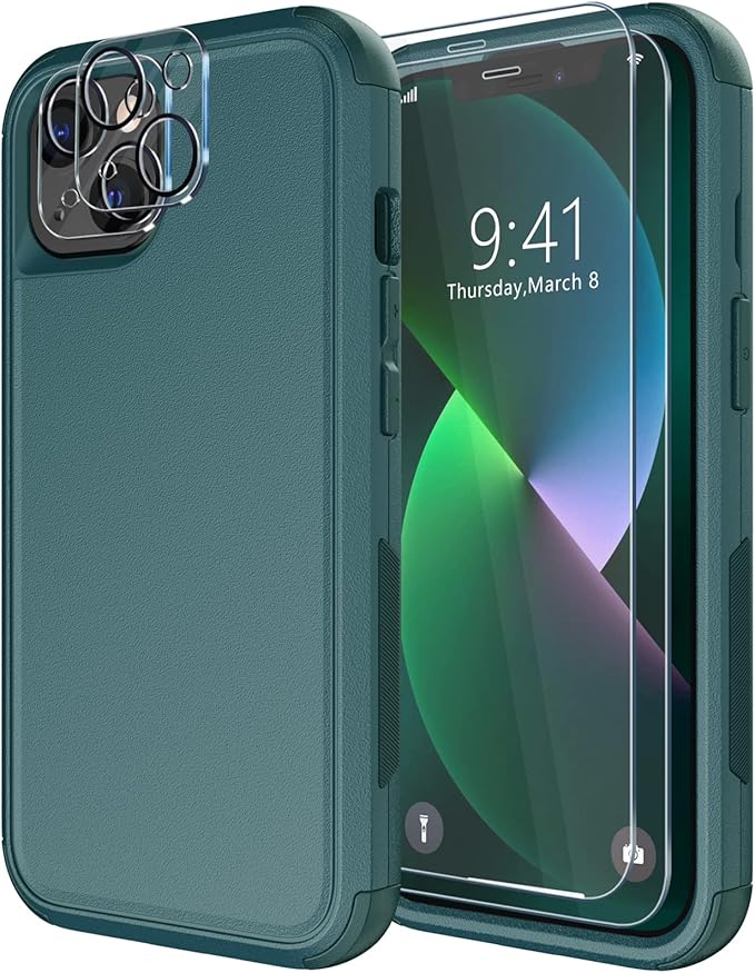 Diverbox for iPhone 13 Case [Shockproof] [Dropproof] [Tempered Glass Screen Protector + Camera Lens Protector],Heavy Duty Protection Phone Case Cover for Apple iPhone 13 (Dark Green)