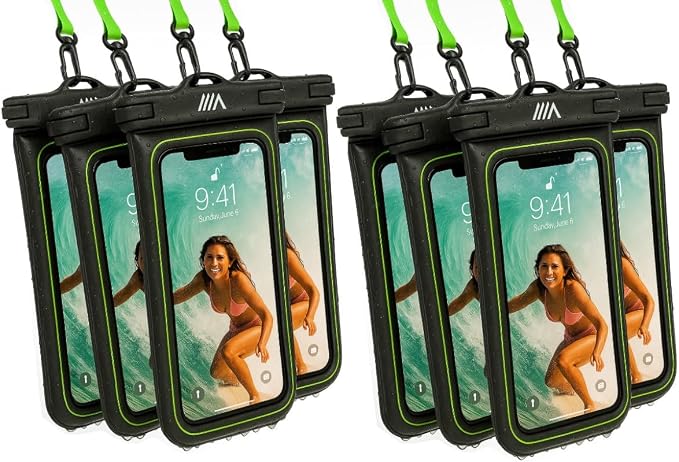 【2025 Upgraded】 8 Pack Black - IP68 Waterproof Phone Pouch Floating Design No Sink Waterproof Phone Case - Beach Pool Travel Essentials - Works w/All Phones - Detachable Lanyard - Black/Hi-Vis Green