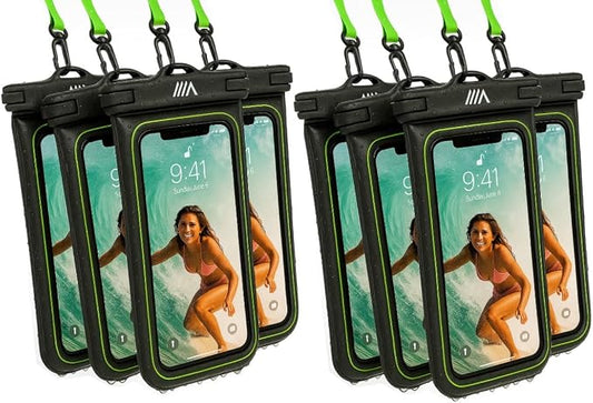 【2025 Upgraded】 8 Pack Black - IP68 Waterproof Phone Pouch Floating Design No Sink Waterproof Phone Case - Beach Pool Travel Essentials - Works w/All Phones - Detachable Lanyard - Black/Hi-Vis Green