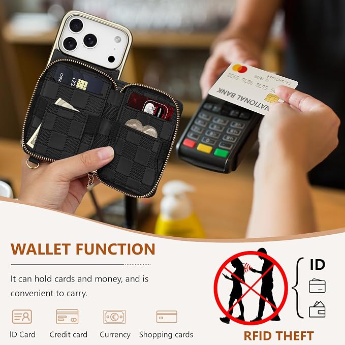 Keallce for iPhone 17 Pro 6.3'' Wallet Case, Crossbody Zipper Purse with 4 Card Slots RFID Blocking, Lanyards & Wrist Straps, Flip Leather Folio Cover with Kickstand for iPhone 17 Pro, Black