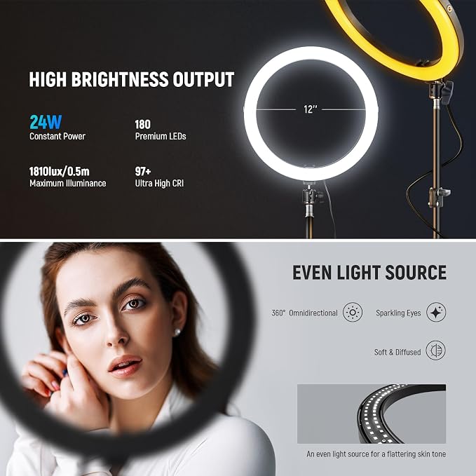NEEWER 12" 24W Power LED Ring Light with Tripod Stand, Bi Color 2900-7000K, USB C PD Input, CRI97+ 1810lux/0.5m Compatible with iPhone Makeup Studio Streaming Selfie Video Recording, RH12B K2
