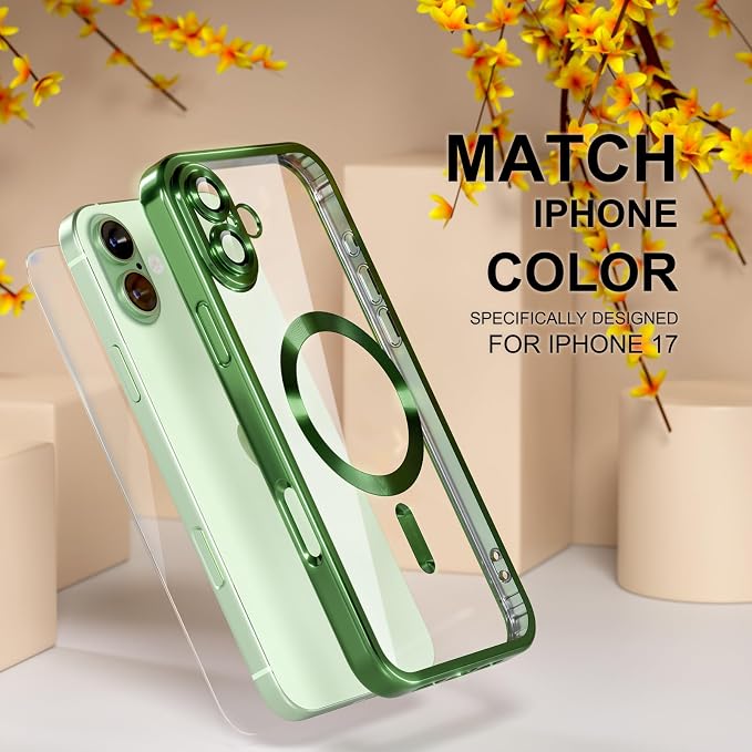 Misea Magnetic for iPhone 17 Case Compatible with MagSafe [Never Yellowing] [Military Grade Drop Protection] Full Camera Lens Protector Plating Soft Clear Phone Case for Women, Green