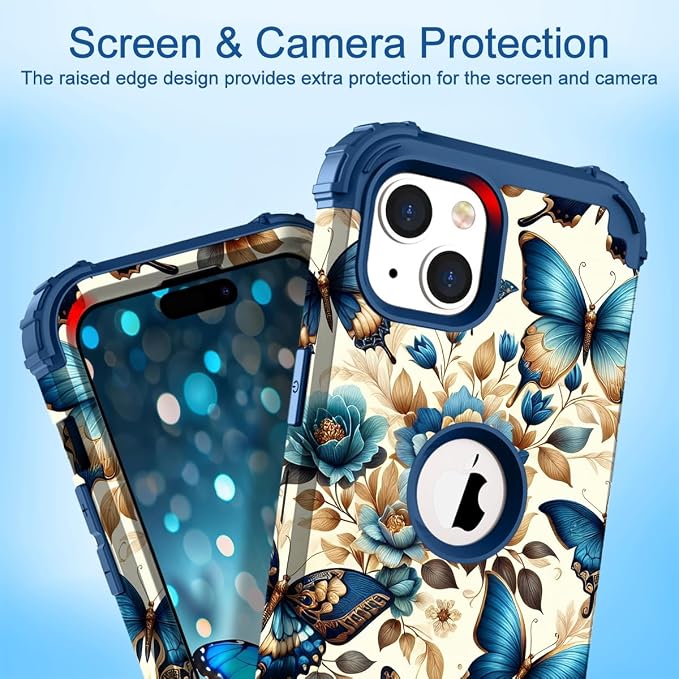 Hocase for iPhone 15 Case, Heavy Duty Shockproof Protection Soft Silicone Rubber Bumper+Hard Plastic Hybrid Protective Case for iPhone 15 (6.1" Display) 2023 - Blue Butterflies