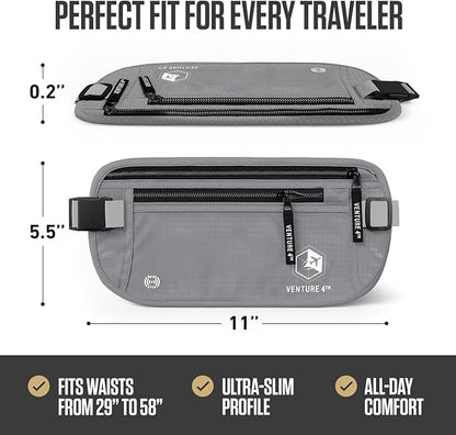 VENTURE 4TH Money Belt for Travel – Hidden Under-Clothes RFID Blocking Passport Holder & Slim Travel Wallet Pouch for Men & Women to Protect Cash, Cards & Documents (Silver)