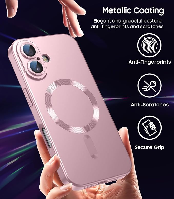 Magnetic for iPhone 17 Case [Compatible with MagSafe][Built-in Camera Lens Protector] Slim Thin Soft Silicone Bumper Shockproof Metallic Luster Phone Case (Rose Gold)