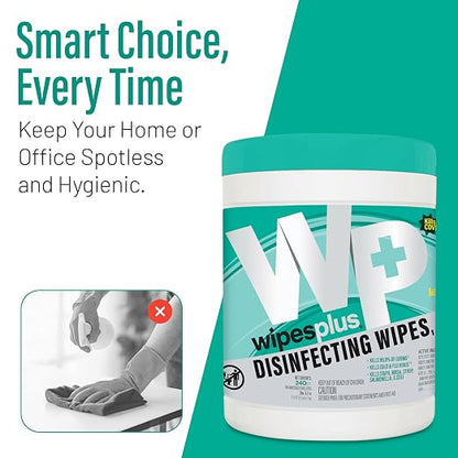 WIPESPLUS Disinfecting Surface Wipes Canister Bleach Free with Lemon Scent for Home and Business, 240 Count