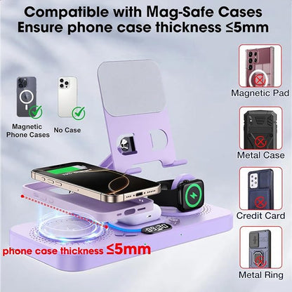 30W Charging Station for Apple Products, Foldable Wireless Charger with Clock Display&7 Color Light, Wired Charging for iPad/Tablet Charging Station for iPhone17, for Apple Watch11 for AirPods4(Purple