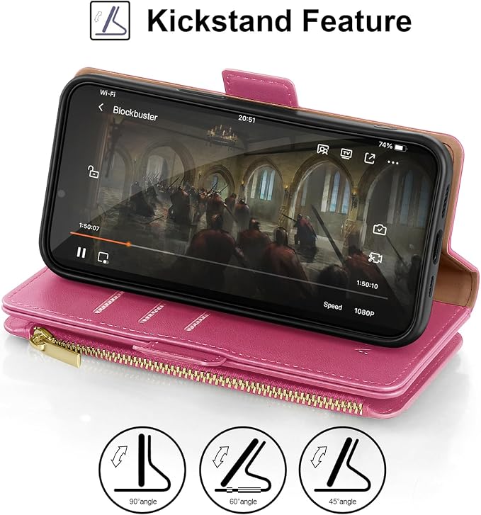 Antsturdy Compatible with iPhone 16 Plus Wallet Case,RFID Blocking PU Leather Phone Case Women Men Kickstand flip Cover Wrist Strap Zipper Credit Card Holder Slots for Apple 16 Plus 6.7",Hot Pink