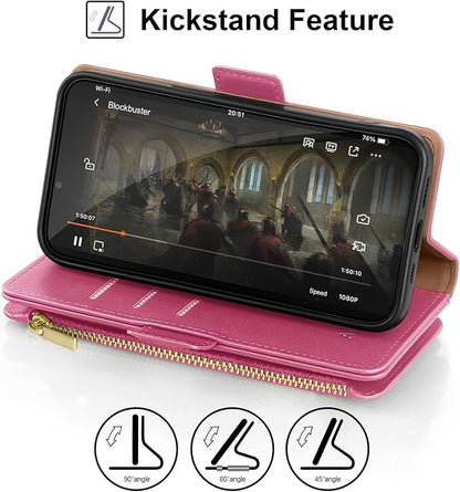 Antsturdy Compatible with iPhone 16 Plus Wallet Case,RFID Blocking PU Leather Phone Case Women Men Kickstand flip Cover Wrist Strap Zipper Credit Card Holder Slots for Apple 16 Plus 6.7",Hot Pink