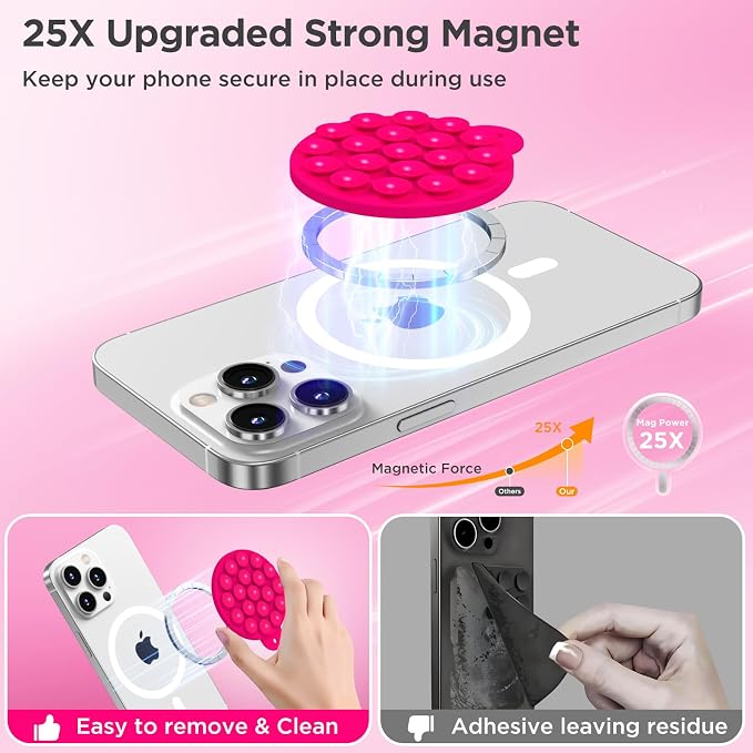 Magnetic Suction Cup Phone Mount, Compatible with MagSafe, Silicone Octo Cup Buddy Sticky Grip Holder for iPhone and Android, Removable Hands-Free Phone Stand Selfie/Video for TikTok, Neon Pink
