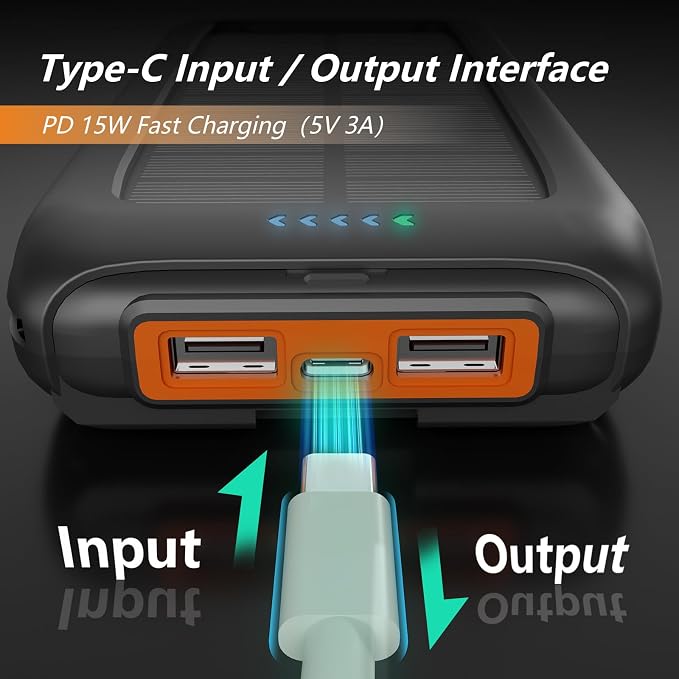 Solar Charger Power Bank 49800mAh, Portable Solar Phone Charger with 2 USB-A & USB-C Ports, 15W Fast Charging for iPhone, Samsung and More, Dual Flashlightfor Camping, Travel & Emergency Backup