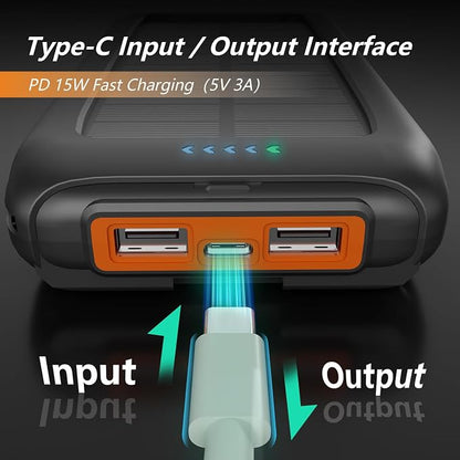 Solar Charger Power Bank 49800mAh, Portable Solar Phone Charger with 2 USB-A & USB-C Ports, 15W Fast Charging for iPhone, Samsung and More, Dual Flashlightfor Camping, Travel & Emergency Backup